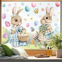 2pcs/Set Large Cute Rabbit & Egg Window Clings, Includes Flower Basket Pattern, Removable PVC Static Stickers, Suitable For Easter Home & Retail Store Window Decor - Multicolor - View 11