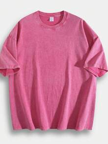 230g Thick Unisex Washed Vintage Oversized T-Shirt Street Hip Hop Punk Harajuku Casual Cotton Shorts DG004 - 玫紅色 - 查看 13