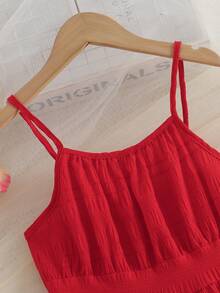 2-25岁女童夏季优雅纯色无袖吊带连衣裙，时尚别致 - 紅色 - 查看 2