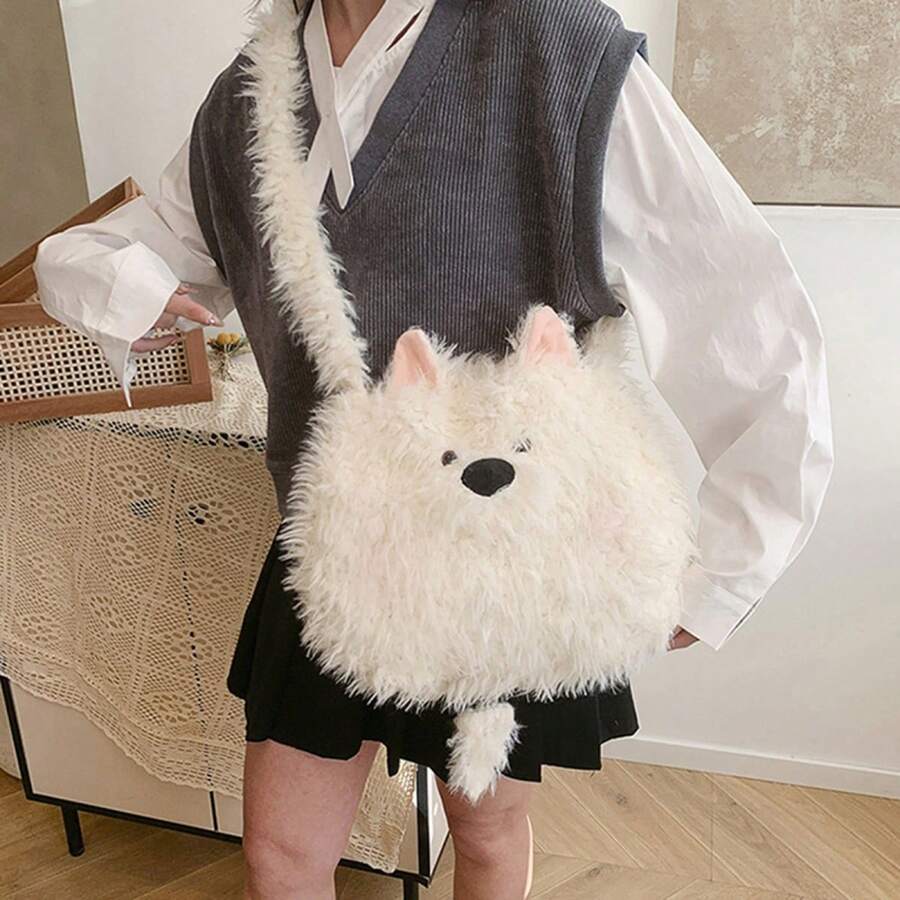 Women Shoulder Bag, Cartoon Dog Plush Bag Large Capacity Crossbody Bag For Casual Daily - White - View 1