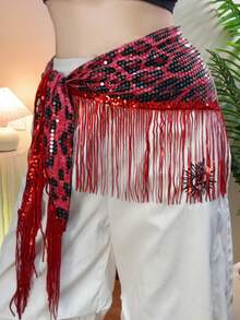 Sexy Leopard Print Sequined Hip Scarf Waist Chain | Jazz Dance Hip-Hop Tassel Hip Curtain Waistband | Adjustable Belt Accessories - Multicolor - View 3