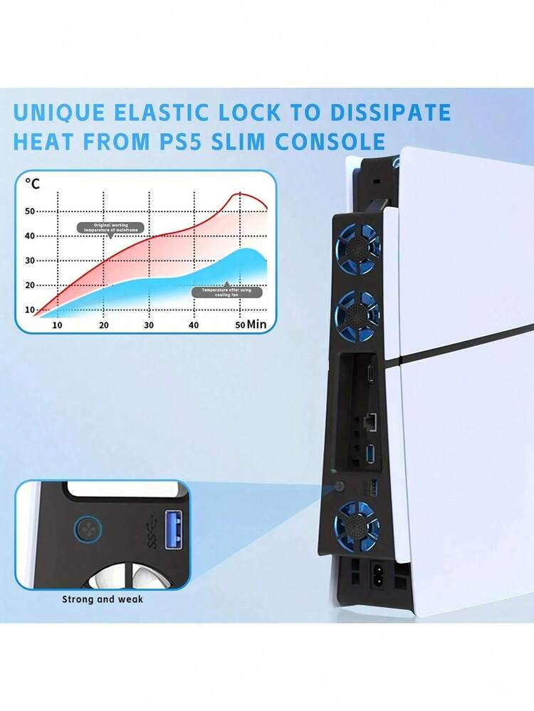 Ventilador de refrigeración Slim para PlayStation 5 Slim Disc/Digital - Velocidades ajustables a 2 niveles, refrigeración silenciosa y de bajo ruido, eficiente, con luces LED del ventilador, puerto USB, accesorio de juego compacto y plug & play - Negro - Añade 4