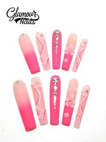 Cada set consta de 10 paneles acrílicos hechos a mano con forma de ataúdes estilo Y2K, diseñados al estilo francés con rhinestones, rayas y decoraciones de pétalos, disponibles en múltiples tonos y colores nude. 3 tamaños para ajustar, adecuado para Navidad, fiestas, bailes y uso diario. Viene con un kit de uñas, lo que lo convierte en un regalo ideal de uñas postizas para damas y niñas. - Multicolor - Ver 1