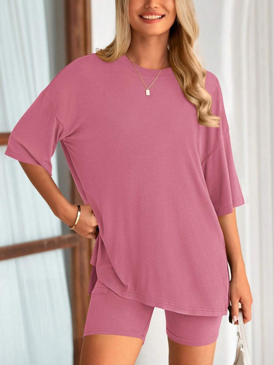 PRETTYGARDEN Women's Summer Clothes 2 Piece Sets Lounge Set Casual Oversized Shirts Biker Shorts Matching Airport Travel Sweatsuit Set Women Vacation Outfit Pink Summer Brunch Outfits For Women - 粉色 - 查看 1