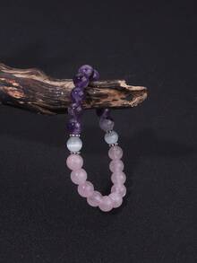 YAUKIA 1件套透石膏、粉晶和紫水晶水晶珠手链，高品质宝石手链，能量、蜕变和自爱手链，送给女性的礼物