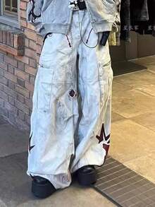 Men's Y2K Washed Distressed White Faded Vintage Jeans Loose Fit Workwear Pants With Oversized Pockets - 白色 - 查看 2