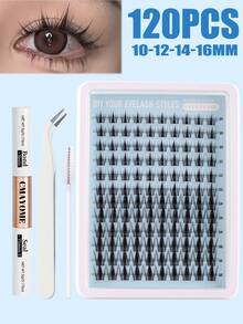 Christmas Gift New 120pcs/12 Pairs Cartoon Style False Eyelashes, Natural Makeup Effect, Fairy-Like Lashes, Suitable For Beginners, Individual Lashes, D-Curl Curly Lashes, Large Capacity Set, Beginner-Friendly False Eyelashes Tutorial, Thick & Fluffy DIY Segmented False Eyelash Extension Kit, Includes Glue, Sealer And Tweezers. - Black - View 10