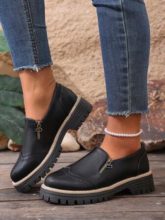 1켤레 여성 솔리드 컬러 패션 PU 가죽 플랫폼 웨지 슈즈, 모든 시즌 야외 착용에 적합