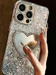 奢华闪亮银色亮片手机壳，带心形镜面，兼容 17 Pro Max/17 Pro/17 Air/17/16 Pro Max/16 Pro/16/16 Plus/15/15 Pro Max/15 Pro/15 Plus/11/12/13/14 Pro Max/11 Pro/11 Pro Max/12 Pro/12 Pro Max/13 Pro/13 Pro Max/14 Pro/14 Pro Max，全包防摔，简约创意心形硬壳，亚克力材质 - 銀色+愛心鏡子 - 查看 2