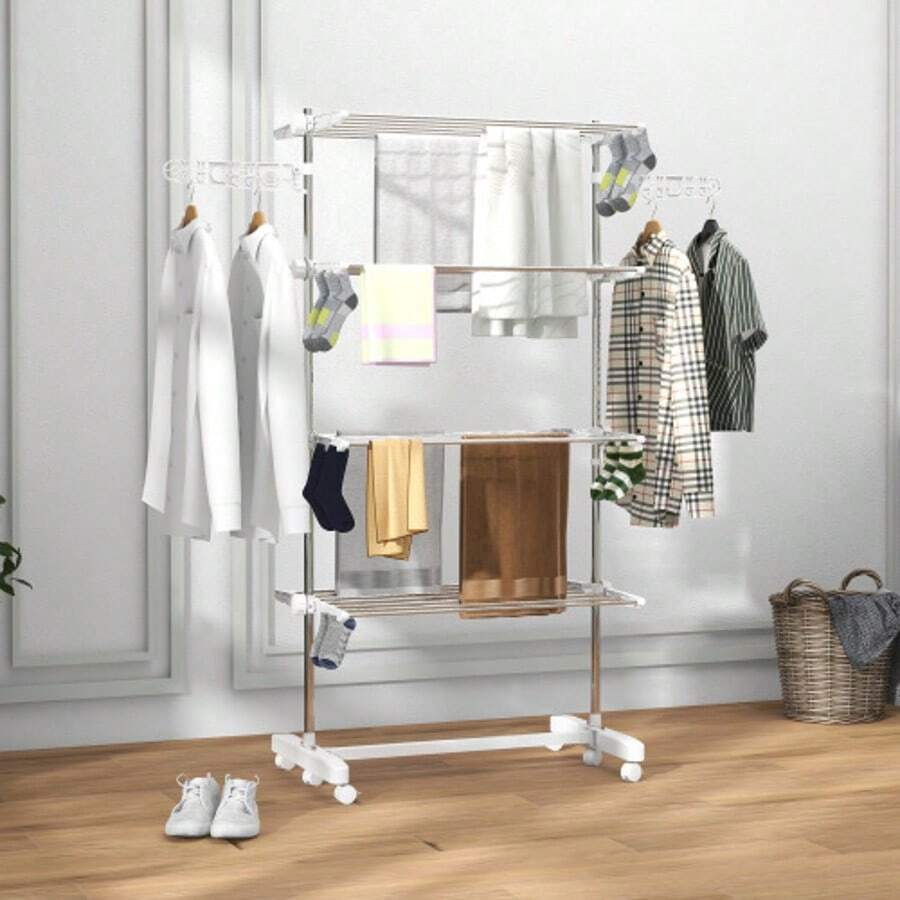 HOMCOM Mobile Clothes Drying Rack, 142 X 55 X 172 Cm, Foldable (4 Levels), With Wheels, Locking System, Side Wings, ABS, White
