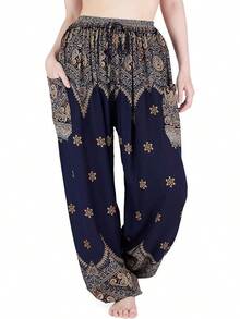Women's Harem Pants - Boho Elephant High-Waisted Hippie Pants With Pockets Yoga, 2025 Style FWN8 - 深藍色孔雀花 - 查看 1