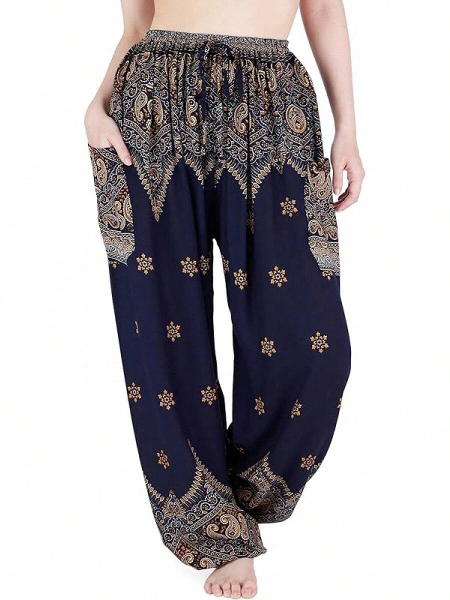 Women's Harem Pants - Boho Elephant High-Waisted Hippie Pants With Pockets Yoga, 2025 Style FWN8 - 深藍色孔雀花 - 查看 1