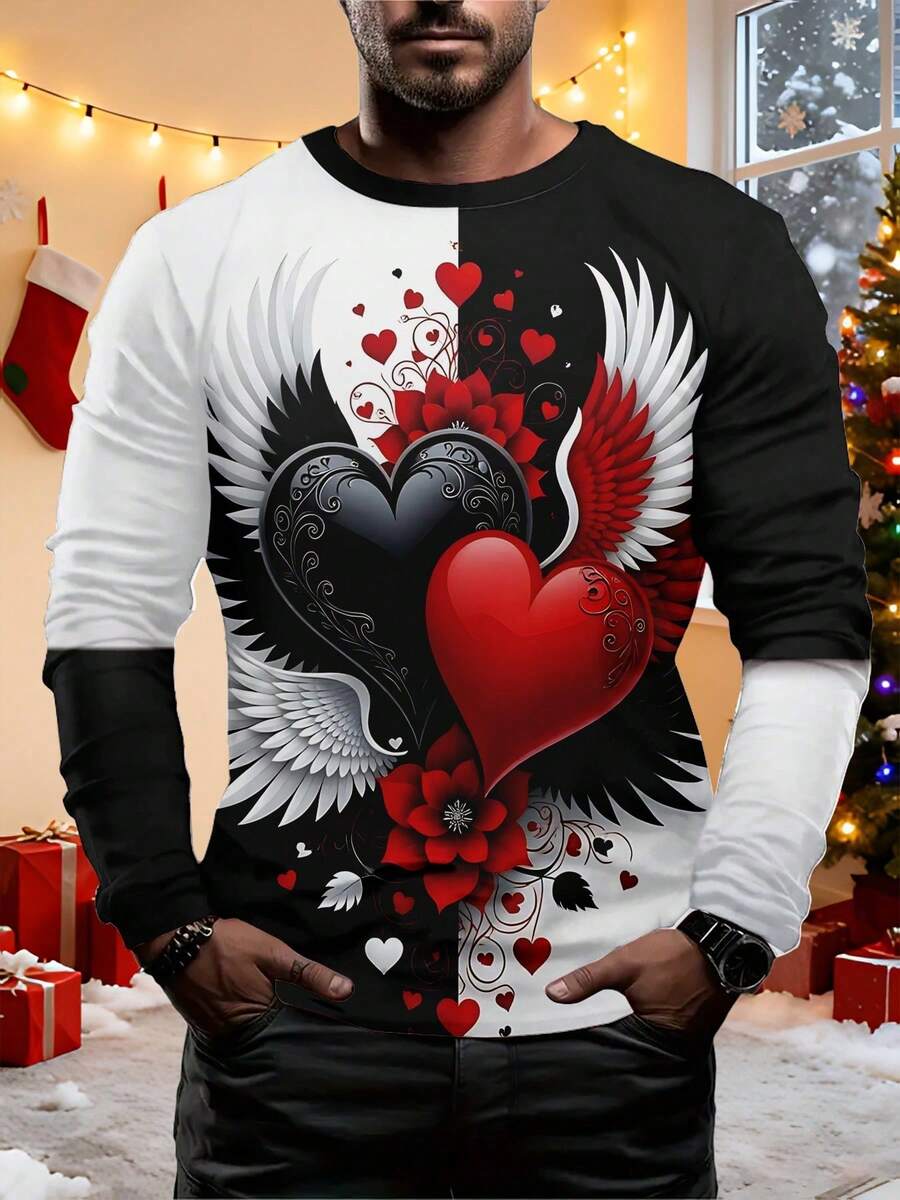 Men'S 3D Digital Print Valentine'S Day T-Shirt - Black & White Heart Wing Design With Red Accents,  Long Sleeve Round Neck Casual Shirt- Creative Gift - 混合色 - 查看 1