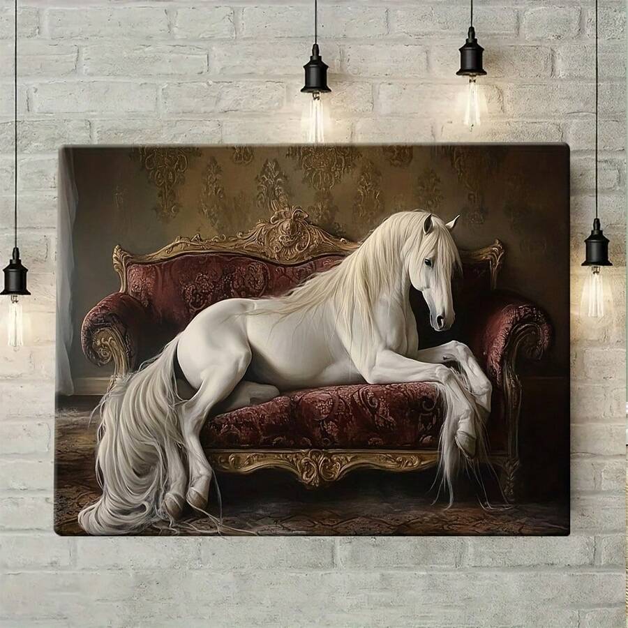 Afiche de lona plana de 2D, 1 pieza, con marco de madera, un caballo blanco tumbado en un elegante sofá, póster decorativo de estilo moderno para habitación moderna, dormitorio y decoración de interiores, decoración de pared - Multicolor - Ver 1