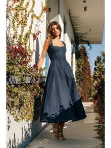 Women's High - Waisted Large - Swing Denim Dress, A Casual And Fashionable Sleeveless, Strapped And Gathered - Waist Long Dress With Side Zipper, Suitable For Spring, Summer And Autumn Seasons. - Rửa tối - Xem 2