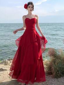 Spring/Summer Elegant Red Spaghetti Strap Dress French Chic Asymmetrical Ruffles Waist Slimming A-Line Dresses Suitable For Valentine's Day, Party & Wedding Guest - Red - View 4