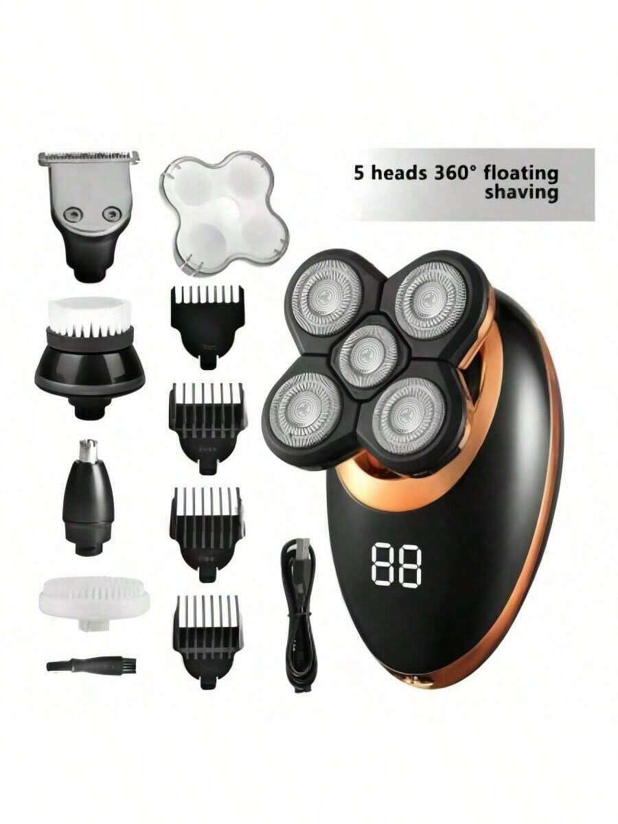 1件装 5合1可充电电动光头剃须刀，男女通用，男士4D电动剃须刀 5合1鼻毛和胡须修剪器理发师剃须套装旋转式剃须刀无线USB充电面部护理套装（清洁刷和理发刀头单独出售，不包含在产品套装中）