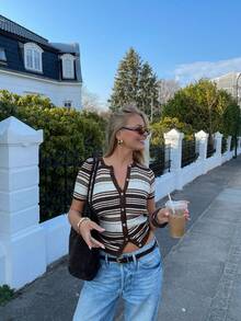 2pcs 2026 Summer Y2K Style Brown Striped Crop Top. Casual Fitted Versatile, Can Be Paired With Swimwear, Suitable For Beach, Outings, Office And Other Occasions - Multicolor - View 6