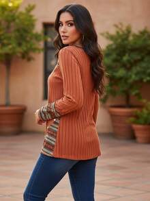 Blusa de manga larga para mujer con estampado elegante de rayas geométricas y cuello redondo - Naranja - Ver 9