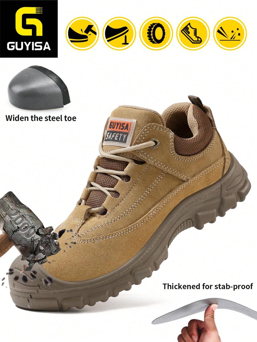 GUYISA 卡其色钢头安全鞋，防砸防刺，适合徒步，绒面革材质，耐油/耐酸/耐碱，男士低帮