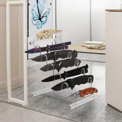 Acrylic Knife Display Stand, Can Hold 6 Folding Knives, Transparent/Black, Size 14x15x8.4 Inches, Suitable For Knife Collection Display, Hiking, Hunting, DIY Activities.