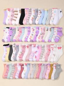 20双儿童条纹、波点、蝴蝶结、动物图案中筒袜。舒适、柔软、透气、百搭。适合日常穿着和上学穿着。女童运动袜。圣诞节袜子礼物。款式多样。 - 彩色 - 查看 9