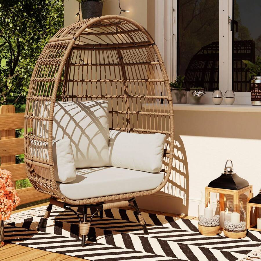 Hodeffior Large 360° Swivel Egg Chair For Outdoor Use – Rattan Egg Lounge Chair With 4 Thick Cushions, Weatherproof PE Rattan Wicker Sofa With A 158.8 Kg Load Capacity, Ideal For Indoor Use, Living Room, Patio & Veranda - 米色 - 查看 1