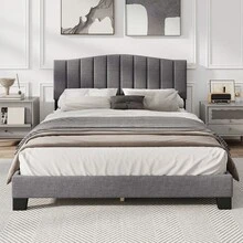 COSTWAY Modern Upholstered Bed Frame, Double Size Platform Bed With Adjustable Vertical Channel Tufted Headboard, Mattress Foundation With Wooden Slat Support No Box Spring Needed, Grey - Grey - View 1