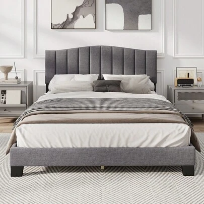  COSTWAY Modern Upholstered Bed Frame, Double Size Platform Bed With Adjustable Vertical Channel Tufted Headboard, Mattress Foundation With Wooden Slat Support No Box Spring Needed, Grey