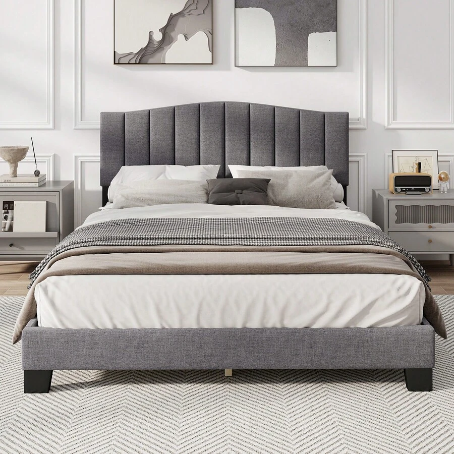 COSTWAY Modern Upholstered Bed Frame, Double Size Platform Bed With Adjustable Vertical Channel Tufted Headboard, Mattress Foundation With Wooden Slat Support No Box Spring Needed, Grey - Grey - View 1