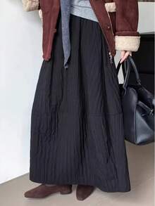 大码女式纯色弹力腰休闲沙滩裙 - 黑色 - 查看 2