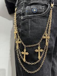 1pc Minimalist Multi-Layer Chain Belt, Gold Star & Cross Decor, Waist Accessory For Men & Women, Suitable For Daily, Party, Date Wear, Gift Jewelry - Gold - View 2