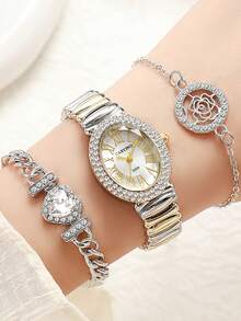 Set de 3 piezas con reloj, pulsera y correa decorados con rhinestones para adolescentes, reloj de acero de dos tonos, accesorio de lujo con estilo, adecuado para estudiantes y uso diario, promoción de fin de año - Blanco - Ver 1