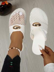 女士渔网镂空平底一脚蹬鞋，舒适亚麻休闲穆勒凉鞋 - 白色 - 查看 13