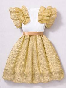 女童无袖针织连衣裙，金色撞色设计，荷叶边装饰，腰带和网纱拼接，夏季款 - 金色 - 查看 2