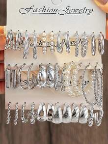 48-12件套复古朋克风金属耳环套装，女士时尚仿珍珠水滴耳环，镂空方形首饰套装，送给亲朋好友的理想礼物，适合日常佩戴和派对场合 - 銀色 - 查看 9