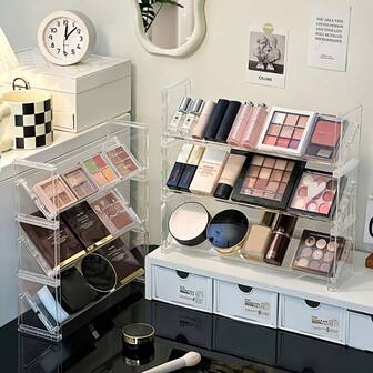 1件/3件装亚克力化妆品收纳架，带口红、指甲油、粉底和散粉收纳架 - 适用于梳妆台、卧室、浴室的紧凑型展示架 - 开放式化妆品收纳架（无需组装）