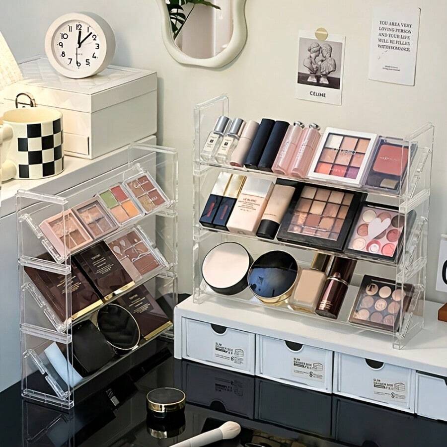1件/3件装亚克力化妆品收纳架，带口红、指甲油、粉底和散粉收纳架 - 适用于梳妆台、卧室、浴室的紧凑型展示架 - 开放式化妆品收纳架（无需组装） - 無色 - 查看 1