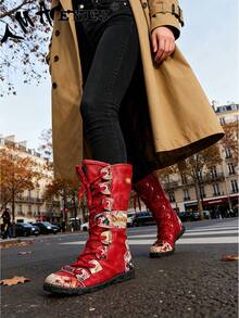 1双 TMA EYES 秋冬时尚印花拼接圆头平底保暖中筒靴，舒适大码，侧拉链方便穿脱，适合运动、通勤、旅行、约会等场合，保暖舒适，女士圣诞礼物 - 紅色 - 查看 1