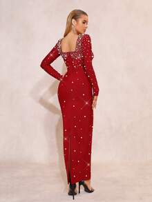 New Fashionable Bandage With High-End Texture, Heavy-Duty Hot Stamping Handmade Nail Beads Sexy Square Neck Gowns Formal Dinner Birthday Party Gowns - Burgundy - View 5