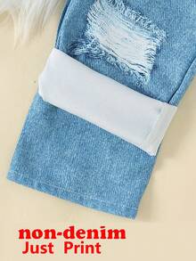 2 pezzi/set Ragazza giovane Maglietta casual con stampa farfalla + Pantaloni larghi con stampa simil-jeans, leggeri e confortevoli, adatti per uso esterno - Fucsia - Visualizzare 9