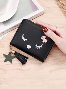 1pc Women Short Zipper Tassel Leather Coin Purse, Cartoon Cute Personalized Coin Wallet Card Holder