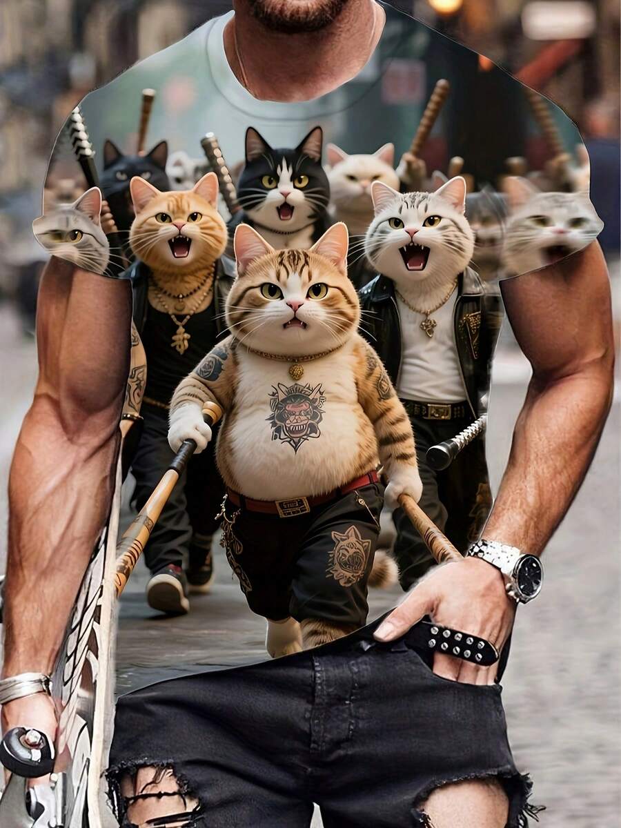 Men'S 3D Biker Cat Graphic T-Shirt - Edgy Streetwear Tee With Tattooed Cats, Soft Breathable Fabric For Summer Casual Outfits, Everyday Streetwear Essential - Perfect Boyfriend Gift For Cat Lovers, Cat Tshirt, Urban Fashion, Bold Print, Comfortable Fit, Round Neck Shirt, Fashion Enthusiasts, Street Style, Durable Print, Short Sleeve Top, Young Adults - Màu sắc hỗn hợp - Xem 1