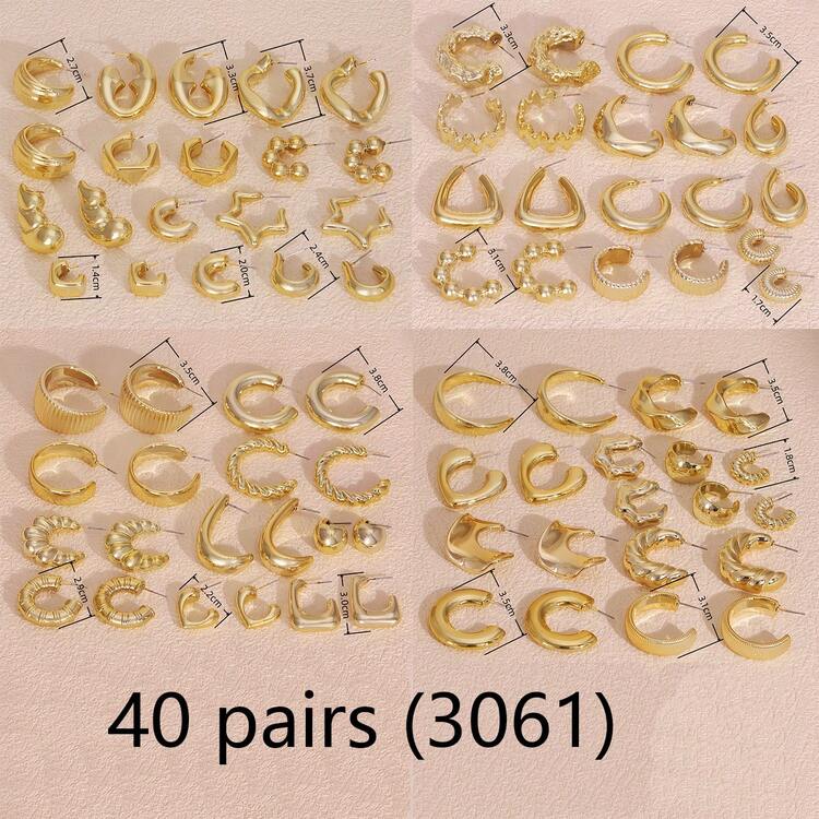 9-80 Pairs Fashion Gold-Plated Plastic Hoop Earrings Set, C-Shape Hoops, Best Selling Women Earrings - Yellow Gold - View 9