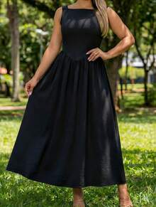 Elegance Long Dress Lightweight Fabric Sizes S, M, L Simple Ruched, Wedding, Outings, Party - Black - View 3