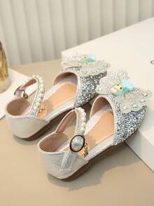 1 Pair Girls' Princess Bow Rhinestone Teddy Bear Cute Sandals, Casual Versatile Flat Slide Sandals, Suitable For Toddler, Little, Big Kids, Spring/Summer/Autumn - Silver - View 6