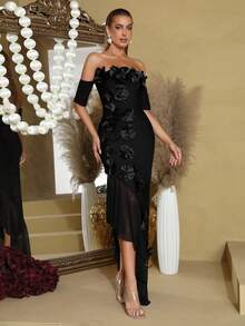 新款性感奢华3D立体花卉装饰长款绷带连衣裙，时尚露肩短袖薄纱雪纺荷叶边下摆露背不对称设计，适合女士婚礼、庆典、派对、正式晚宴、圣诞节等场合。 - 黑色 - 查看 6