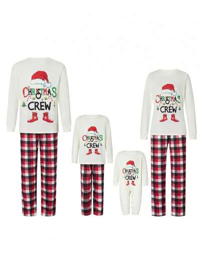 Parent-Child Christmas Pajamas, Romper/ Long Sleeve Letter Print Tops And Plaid Pants Suit For Kid Dad Mom Sleepwear