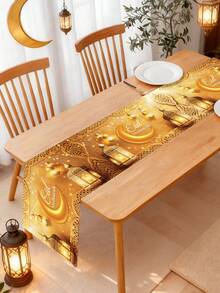 1pc Shiny Gold Eid Mubarak Table Runner, 180*35cm Polyester Tablecloth, Eid Mubarak Decor With Gold Star And Lantern Pattern, Eid Party Supplies, Eid Decorations, Islamic Ramadan Gathering Decor, Eid Al-Fitr Decorations, Eid Home Decor, Eid Dining Table Decor, Kitchen Decor, Eid Gift