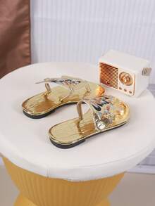 1 Pair Girls' Fashion Casual Embroidered Butterfly Flat Slip-On Sandals, Comfortable For Spring/Summer - Gold - View 7